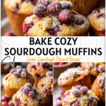 Golden cranberry orange sourdough muffins topped with sugared cranberries on a rustic plate.